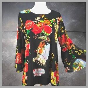Caleesa Tunic Top S Black Floral Paris Art Tiered Ruffle Bell Sleeve Flowy Boho